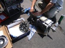 Here we are finishing up on the shifter adjustments.  In the box you can see the dual disc, light weight racing clutch.  Hard to believe that little 7 clutch would handle over 600 HP!