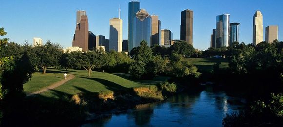 This is Houston, TX looking from the West on Buffalo Bayou