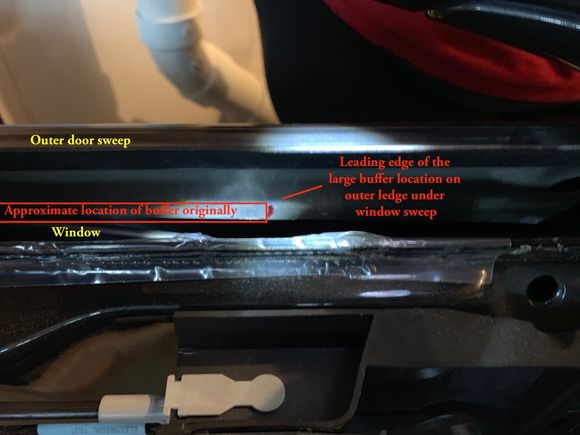 Location of buffer on door.  Inside sweep has been removed.  Mark confirmed by clean window where buffer was until recently.  Buffer is installed by pushing the buffer on to the ledge with the felty bit facing towards the window.