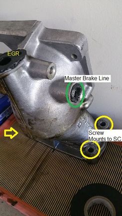 Elbow with yellow mounting screws 4 in total (2 each side) green is master brake line