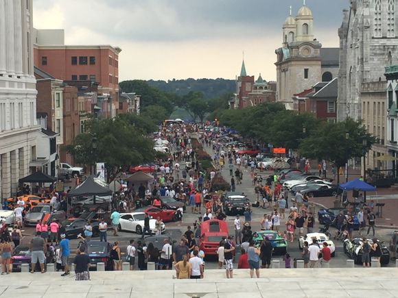 The venue from the top of the Capitol steps. State street both sides. In the distance Front Street also full of cars.  We are just out of shot near ground to the left.