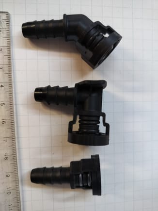 NORMA plastic hose connectors: straight, 45 degree and 90 degree as used on the coolant to expansion tank to-from lines, and the Low Power vent hose to throttle body and injector air rail to throttle body hoses.
