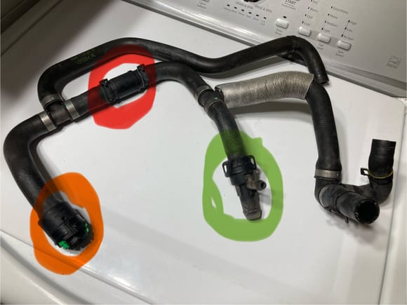 The orange circle is that same coupler from above just as a reference. 

The red circle (much different than John Wick 🤪) is a plastic one way valve that’s located directly on top of the transmission. It’s also not uncommon for them to split and leak coolant on the hot transmission and evaporate before reaching the ground. 

The green circle is where a plastic 3 way tee junction is and it’s also a common failure point. 