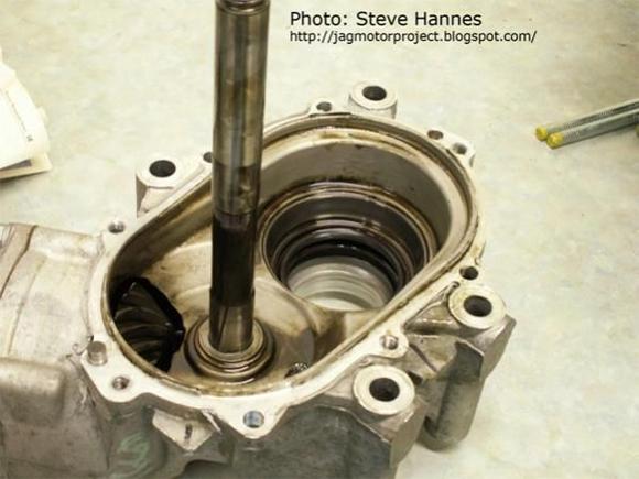 Steve Hannes: The mainshaft has no visible means of bearing load adjustment. It is fixed by the inner case dimensions. The tapered bearing races at either end are fitted to the case housings. That means then, load is set by bearing positions on the shaft. Those are pressed on. There are standards in the industry for endplay on a shaft assembly like this, so in the instance of a transfer case rebuild (where this posting is going), an endplay tolerance of .001" or less is probably acceptable. For the countershaft, it first uses a "thickness" thrust washer to "ballpark" fit into the case. Then there is an external nut with a crush collar threaded on to the countershaft end that is torqued (to an unknown spec) to achieve proper load on the tapered bearings.
***** more info:   http://jagmotorproject.blogspot.com/2007/02/motor-project-17-transfer-time.html     *****