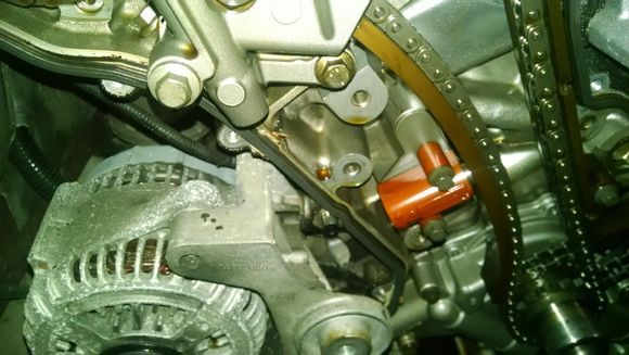 Right bank primary chain, tensioner, and guides.  The alternator is into the picture on the left.