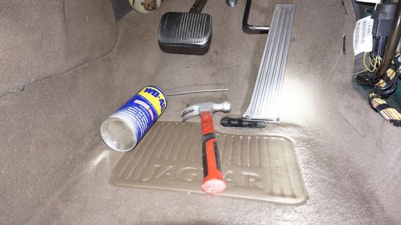If you do not have this kind of gas pedal, which is fixed on the floor, you are lucky (my 2.1L, 2006 has a normal gas pedal (like the brake pedal next to it). I took a bright torch and figured out, how to remove that gas pedal (which is in the way when removing the carpet). So: WD40 onto the "floor-rail" and use the help of a hammer...