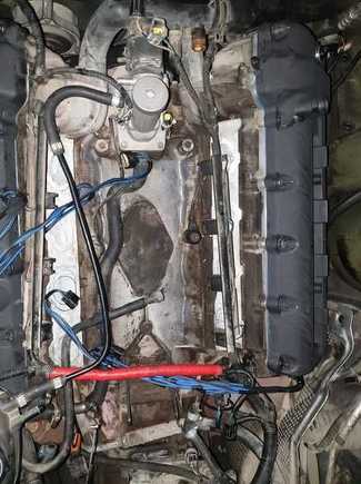 P side valley hose is completely blocked off from the water pump side. The D side valley hose was retained with a 45 degree elbow connecting to the coolant reservoir. All the octopus hoses and heater hoses were removed but still kept the heater valve in place.