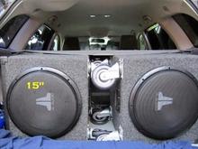 Very Back of Wagon. 2 15" Subs. Kinetic small battery.