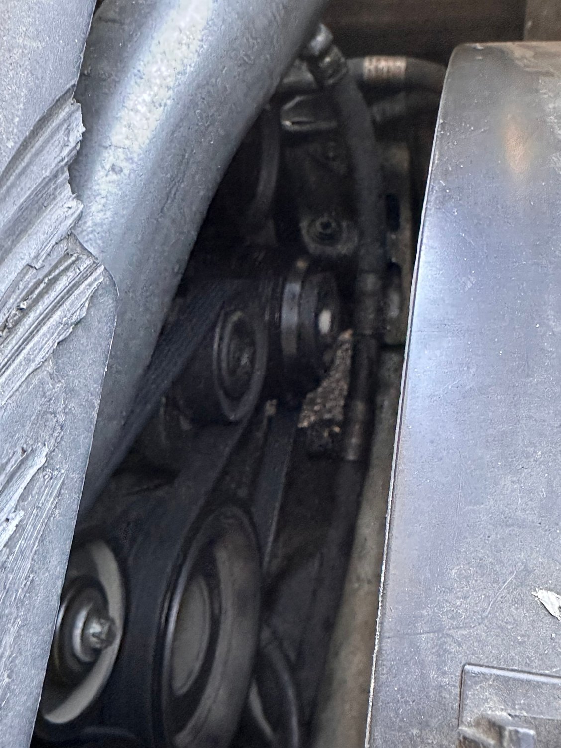 Hose below the serpentine belt is the one I seen dripping and there a hole from the plastic right below that is where it�s dripping from
