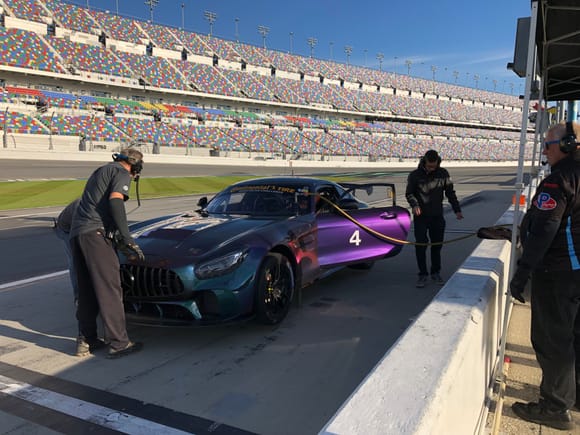 So here is another pic of the new IMSA Team TGM AMG GT4 testing for the 2019 season at
Daytona. This one changes colors. Thoughts on livery?