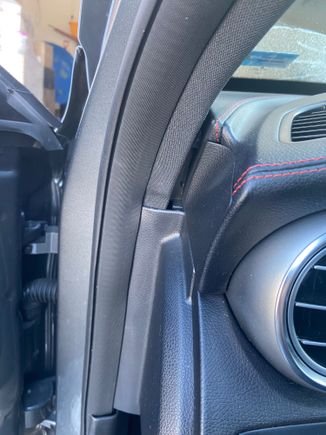 My car didn’t always have this gap between the dash and door frame. 
Maybe it wasn’t put back together correctly after repair?
Or any ideas?
Anyone else have this issue ever?