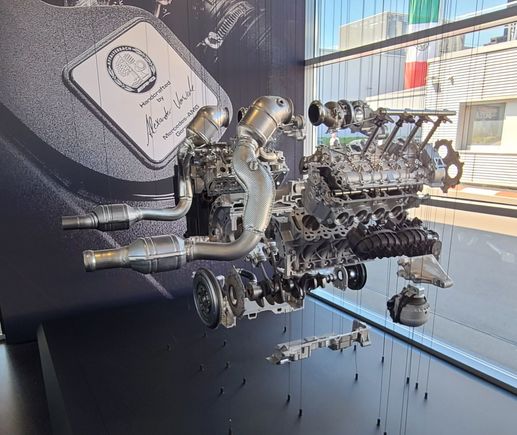 An exploded view of M178 engine at lobby entrance of AMG Affalterbach