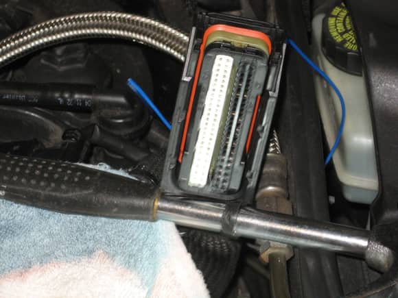 Replacement connector installed.  Note the two blue wires.  One is the original data line.  The other is the replacement which I will route to the alternator.