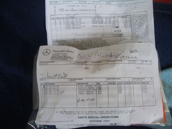 The bill for the pipes along with a few other exhaust related parts to complete the refurbishment.