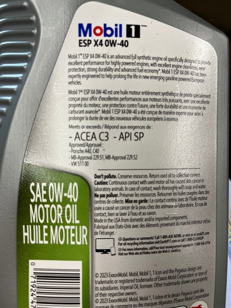 Mobil 1 ESP X4 0W-40 container label.
