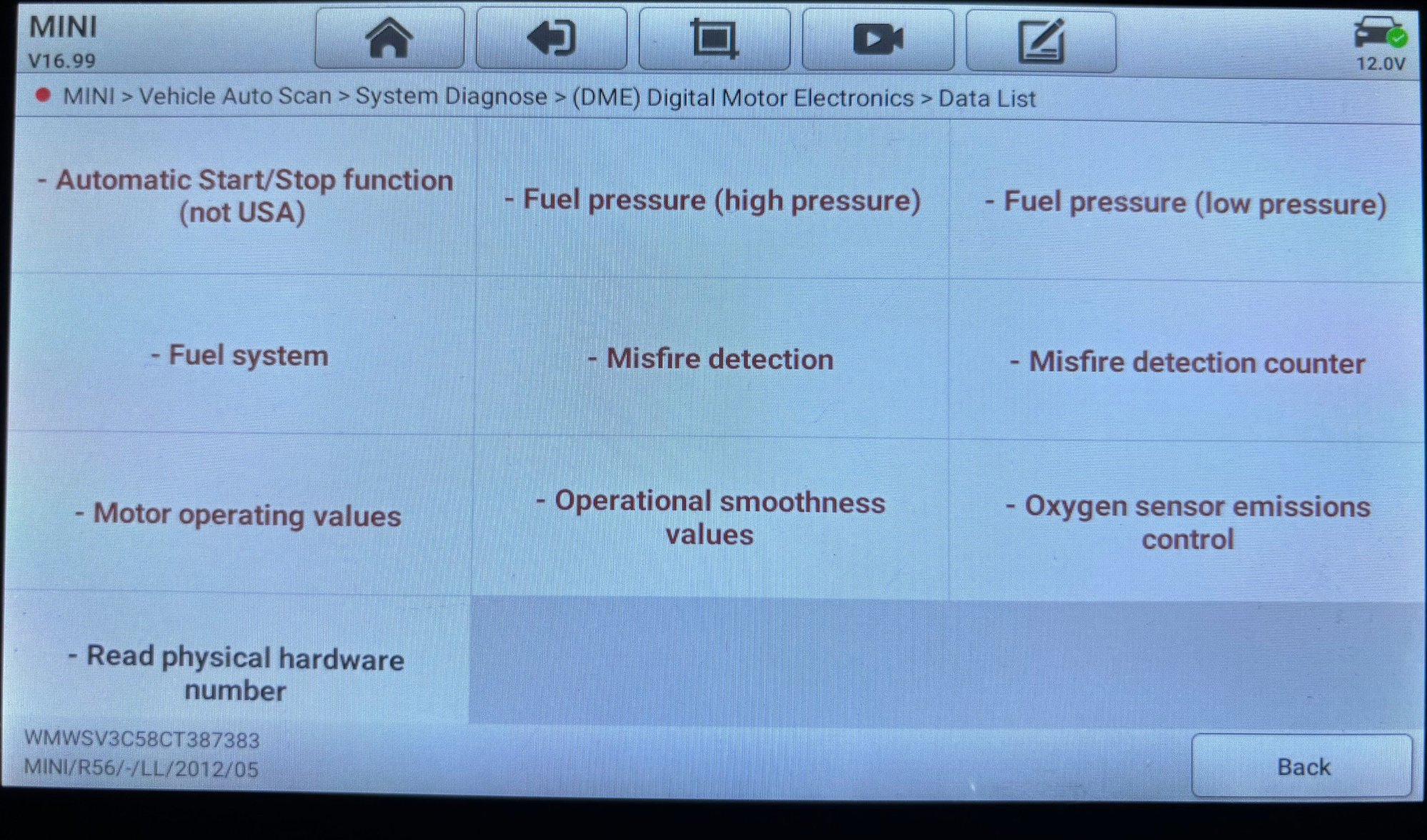 This is the menu when I go into DME. I don�t see where I can find RPM readings. 