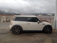 Auto 2010 r56 s, h&r springs been in 4 days, 17x7 with 215-45-17 kumho kr22, intercooler muffler deleted with a new silicone hose, noise maker deleted and capped, cone filter on the MAF, resonator and possibly secondary cat (depending how loud just the res delete is) happening next week. Rear 19mm sway bar and fstb in the near future.