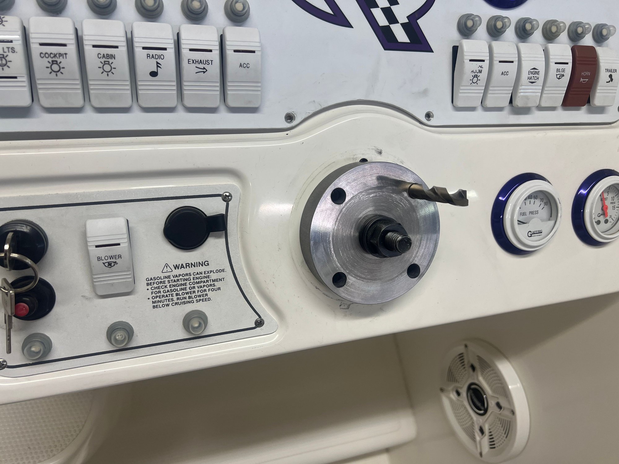 Drill jig to ensure positive placement of holes, square to the dash.