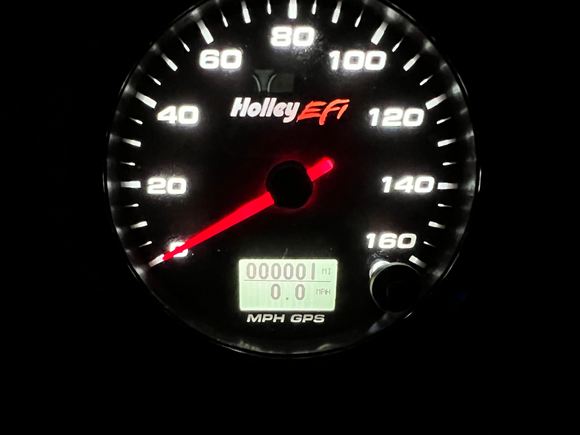 Her very first mile, thanks to Holly EFT GPS Speedo. Wish i could figure how to dim thing thing, its a small sun at night.