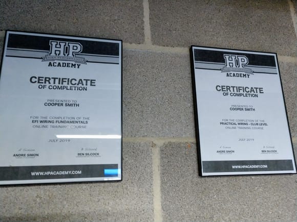 Kinda neat to have some certificates to hang up. I'm trying to get a better education of automotive fabrication. It's HP academys intro and middle course for automotive wiring harnesses.