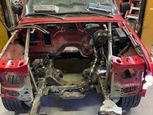 Finally got the engine and transmission out.
Now I can complete the inside,(hidden) welding. I will run brake lines up front, once the welding is complete.