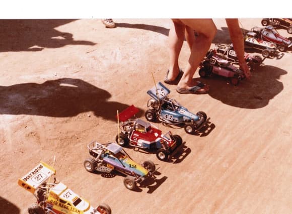 Orrca nats 1983 cars.  Three Cox Scorpions in this pic.  One should be Gil Losi Jr. but not sure.