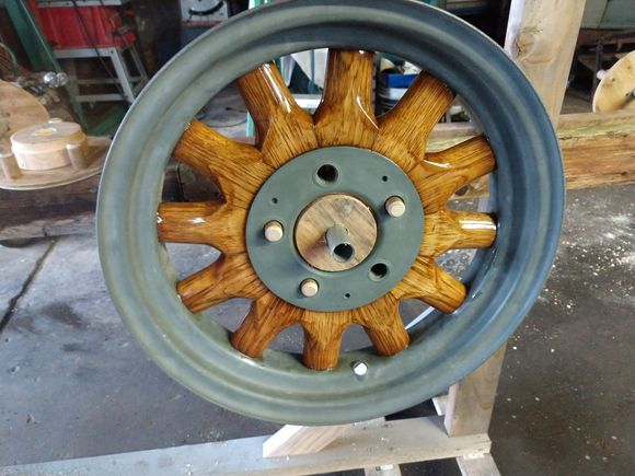 Wheels varnished waiting on paint.