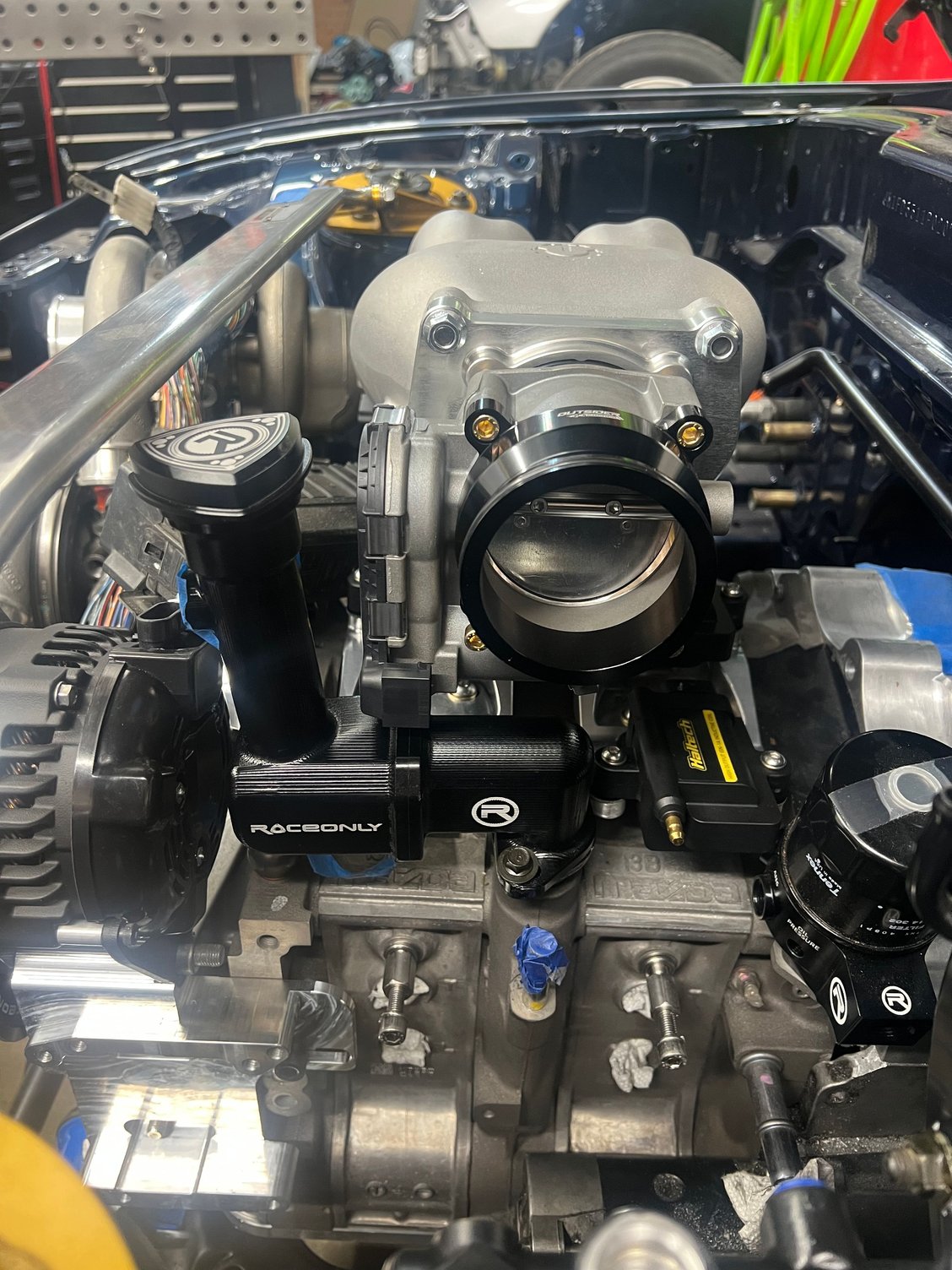 Turblown intake, DBW, outlaw garage DBW to vibrant HD flange adapter, RaceOnly oil filler, one of the coils doesn�t fit due to clearance with the oil fill neck, so will extend the mounting points later. 