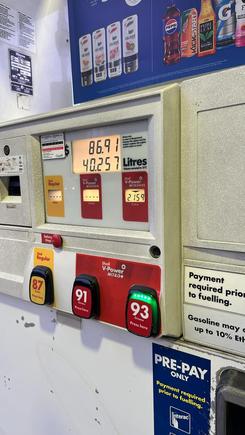 That is about 40 litres to go 210 Km (mixed city/highway). Yes that is roughly C$8 per US gallon for Shell 93.