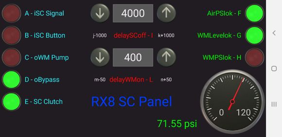 Bluetooth Electronics interface to my Arduino Nano Every w/BLE module.
I have the delaySCoff currently set to 4000ms, this keeps the SC clutch engaged for 4 second after the throttle drops below 30% so I can shift gears without the clutch having to reengage, no boost lag between gear shifts! The delayWMon waits to turn on the WM pump, 400ms currently. There are a lot more setting in the software that I added but these are the ones I'm focusing on now.