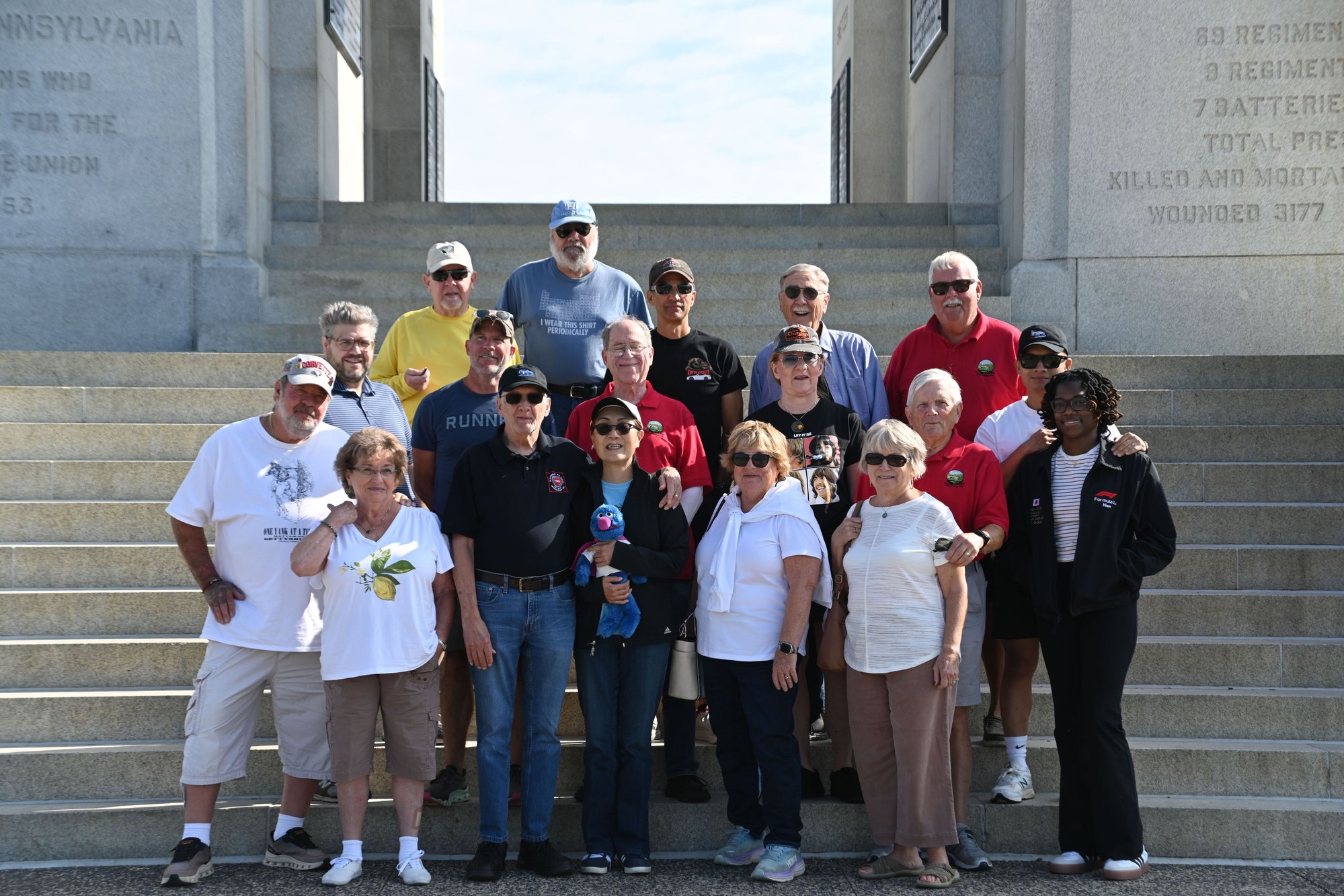 The group at the New York Monument.  Who is that guy in the back row in the blue and no hat??