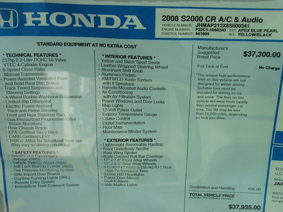 S2k CR dealer sheet