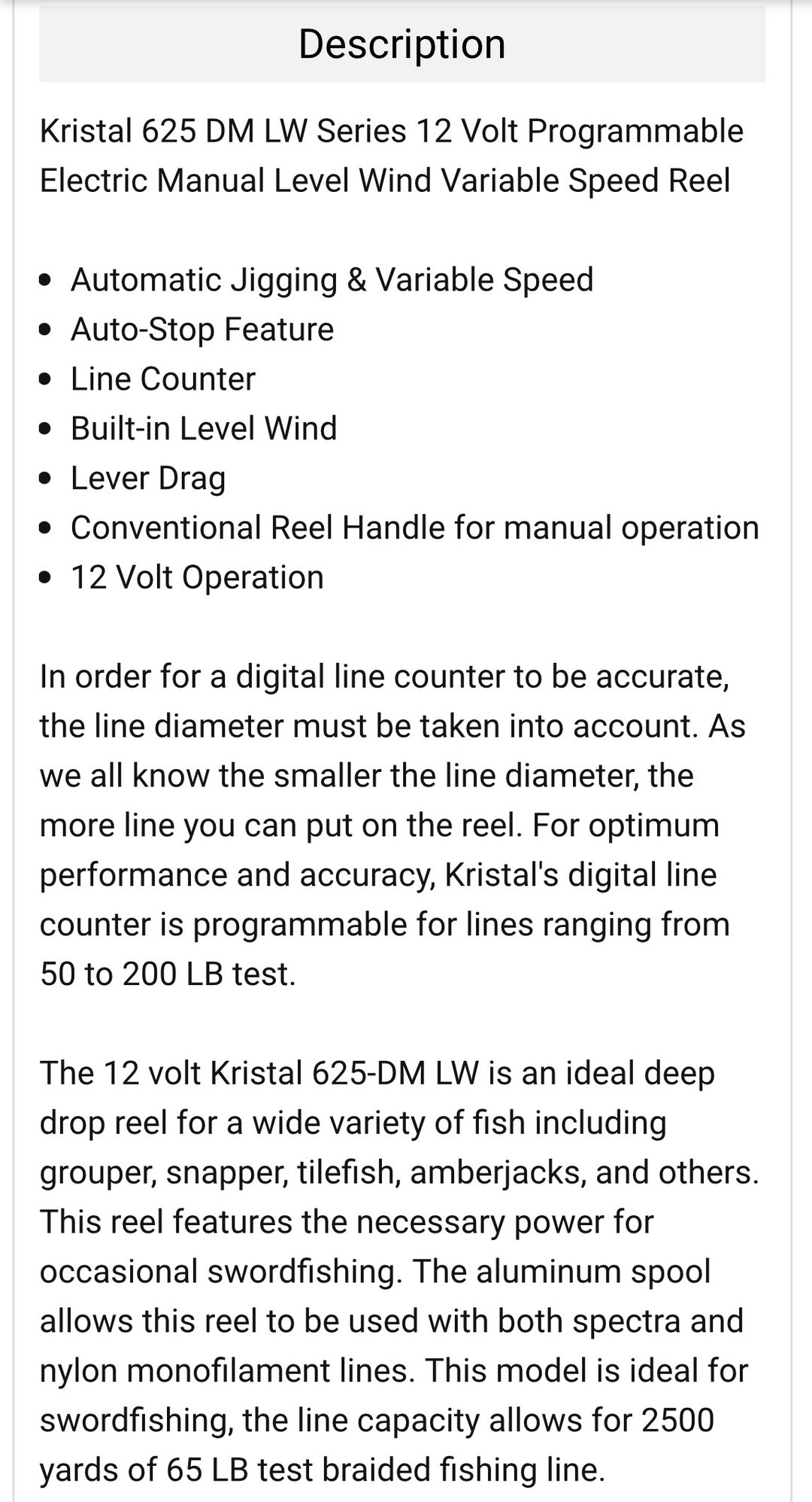 Kristal XL 625 LW Electric Deep Drop Dredge Reel Level Wind
