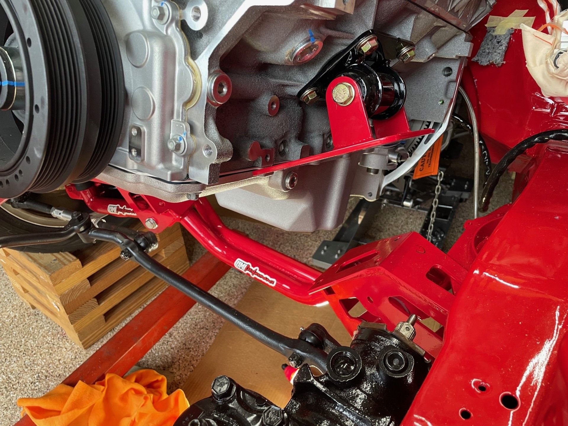 You can see how high we had to raise the engine to get the 302-3 oil pan sump to fit behind the K member cross bars.