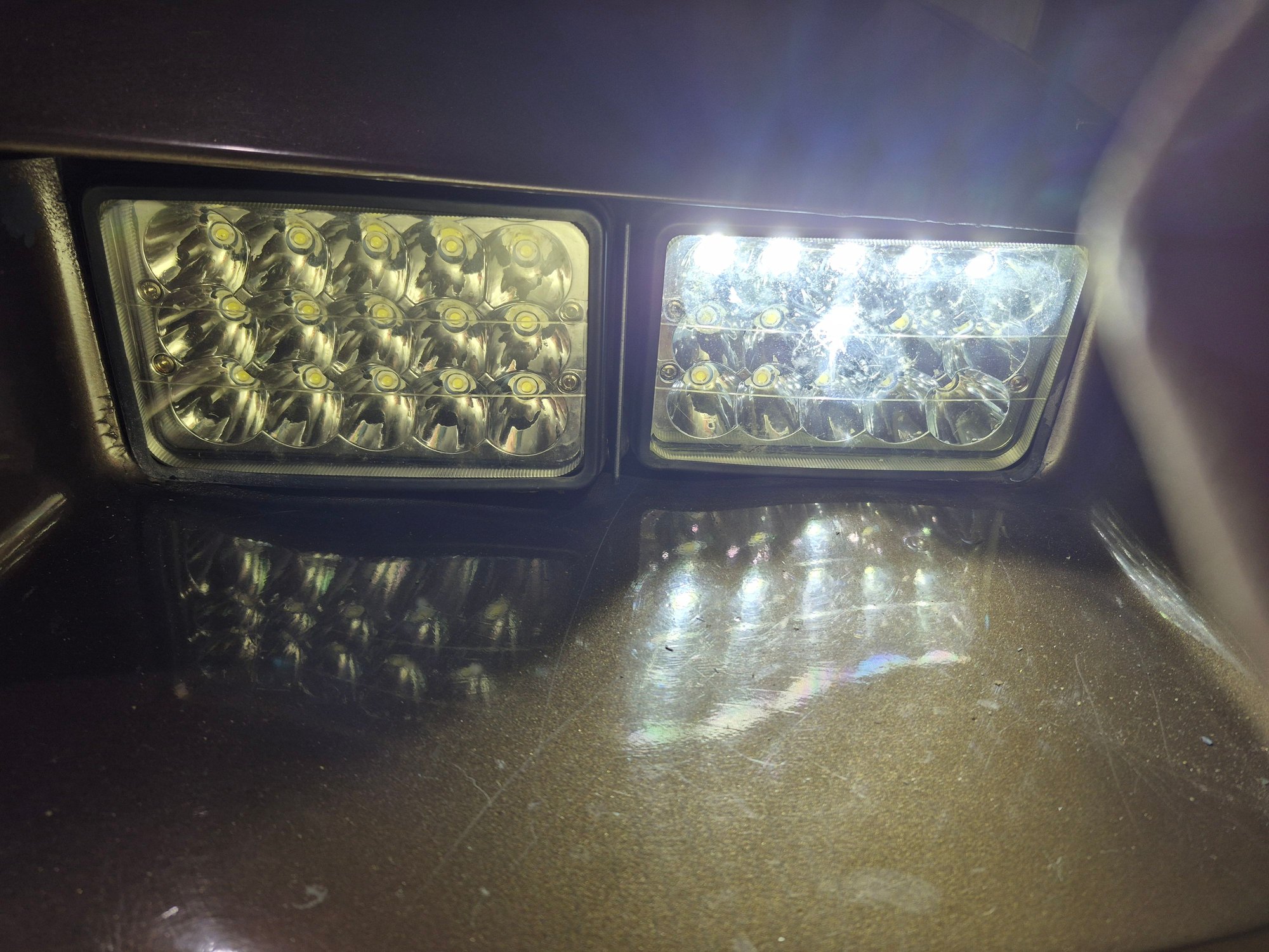 Low beams from the front (remember the middle lights are high beam only as we disconnected the middle prong to make it a 2 prong light)