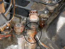 The circle is pointing out where the hole was on the side of the port for the water sensor. Some other fool had the hole filled with RTV to keep it from leaking. Didn't work too well, as there was always a pool of coolant on top of the motor, and couldn't figure out why until I got to taking things apart.