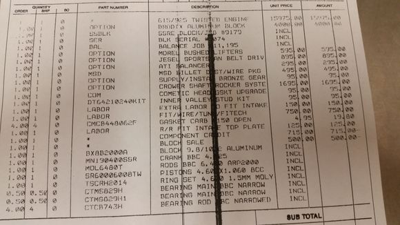 A l ist of a few of the parts.. they did Not use the New MSD distributor I sent them something about the block being a tad bit taller but it still considered a short block.. or the composite gear I sent them.. this is a mechanical roller and a quote Vinny.. it sounds nasty.. brodix 380 heads..