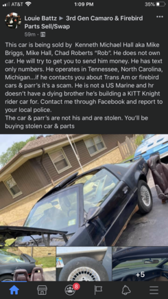 Hey guys,

If you saw any GoFundMe’s on Facebook this year for some guy who is a Marine trying to build a KITT car before his brother dies, I believe Lou was involved.  I, for one, was solicited to the GoFundMe.

After seeing this, watch out for who you buy from or donate to.

Jon