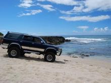 Sittin pretty in the sand - beach near the middle of the trail... BAD idea to sit in the sand, fully inflated tires...no winch or tow rope and SOFT sand...