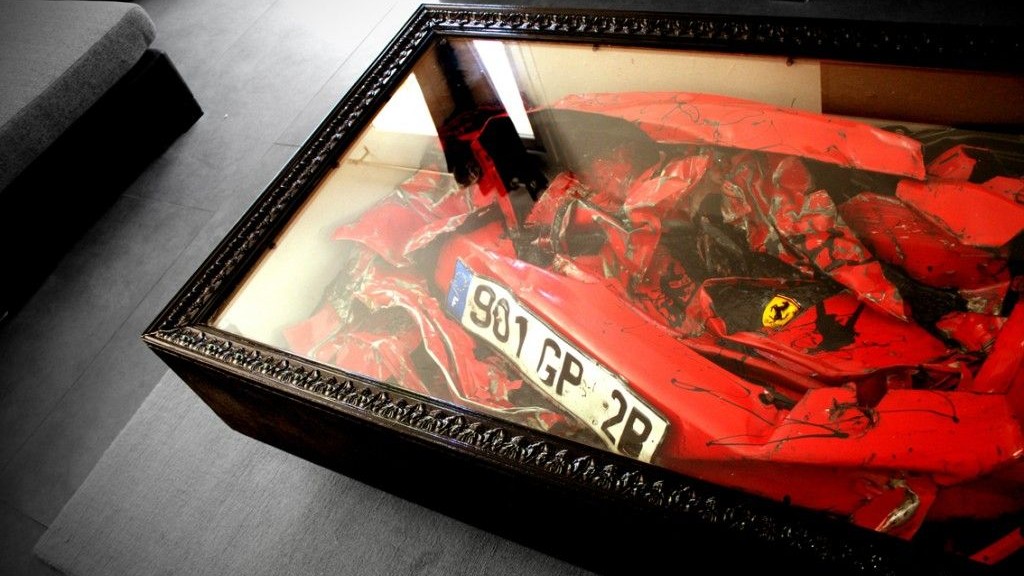 Crashed Ferrari coffee table. Image: Charly Molinelli
