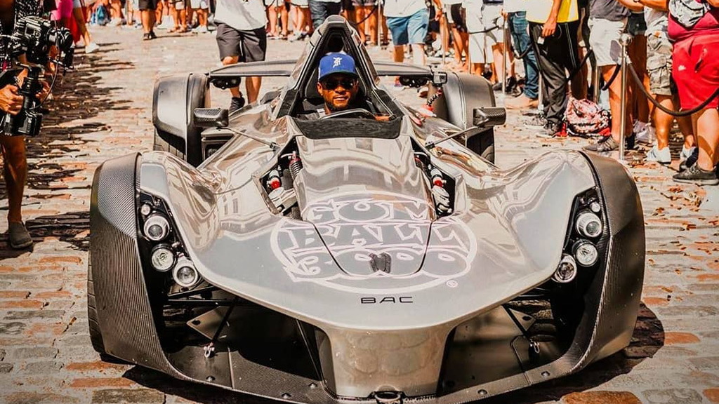 Usher in a BAC Mono at the 2018 Gumball 3000 rally
