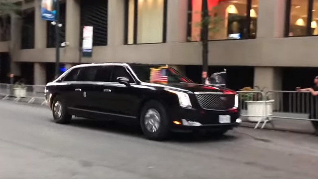 President Donald Trump in his new Cadillac “Beast” armored limo