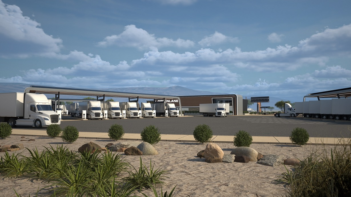 Rendering of proposed Daimler Trucks Greenlane charging and hydrogen fueling site.