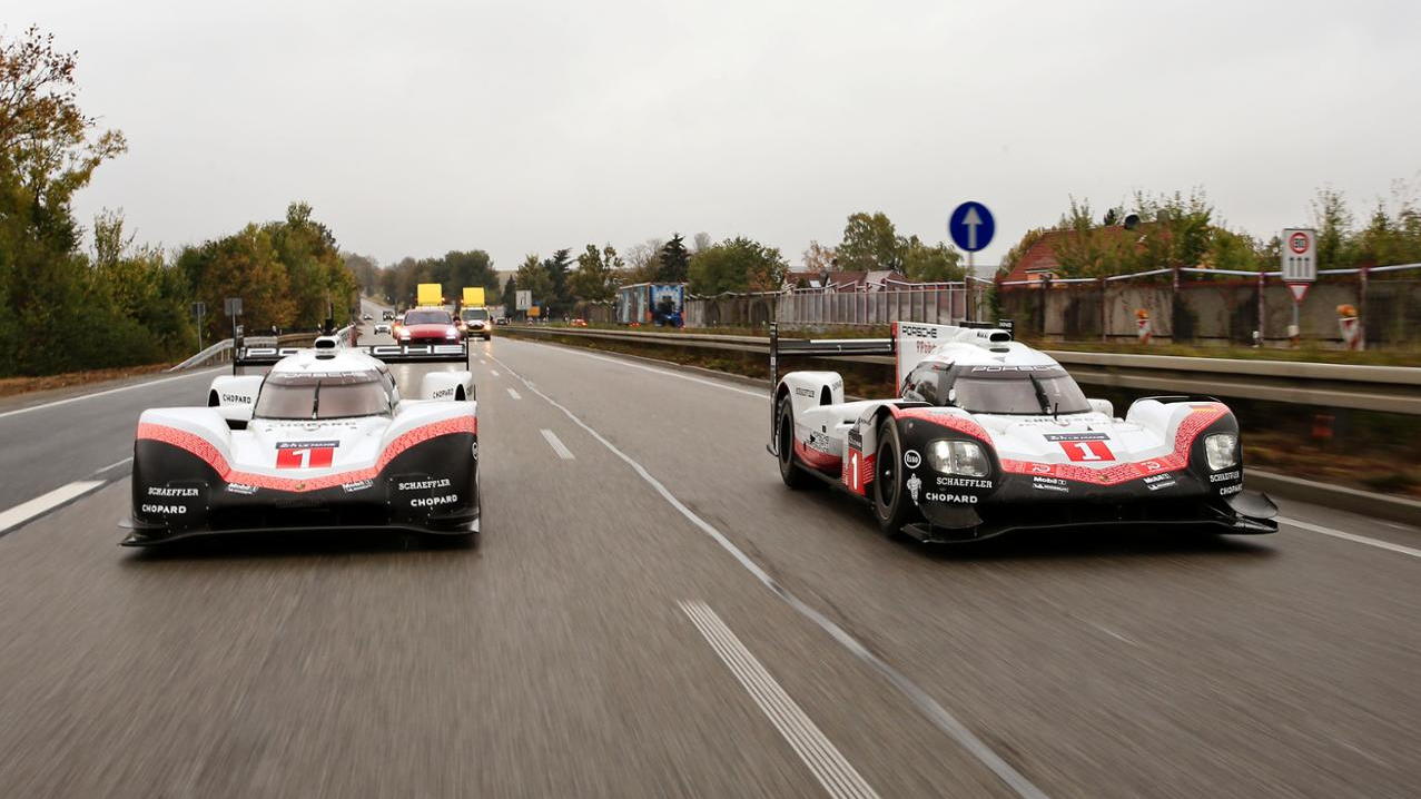 The Porsche 919 Evo is driven on public roads on its way to the Porsche Museum