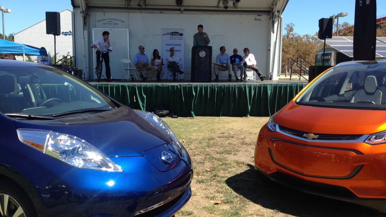 2016 Nissan Leaf, Chevy Bolt EV at Drive Electric Week event, Los Angeles [photo: Zan Dubin Scott]