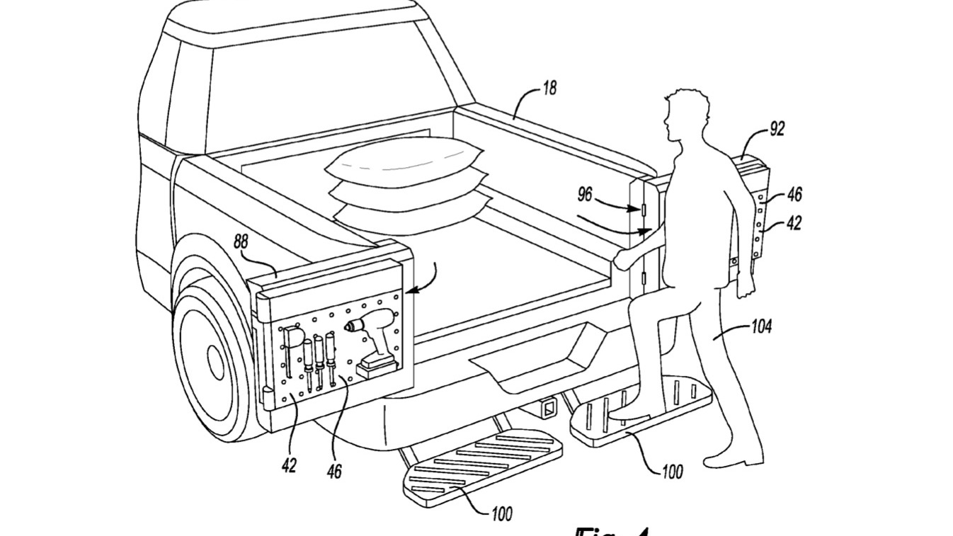 Patent image of Ford extending cargo bed floor with steps and split tailgate