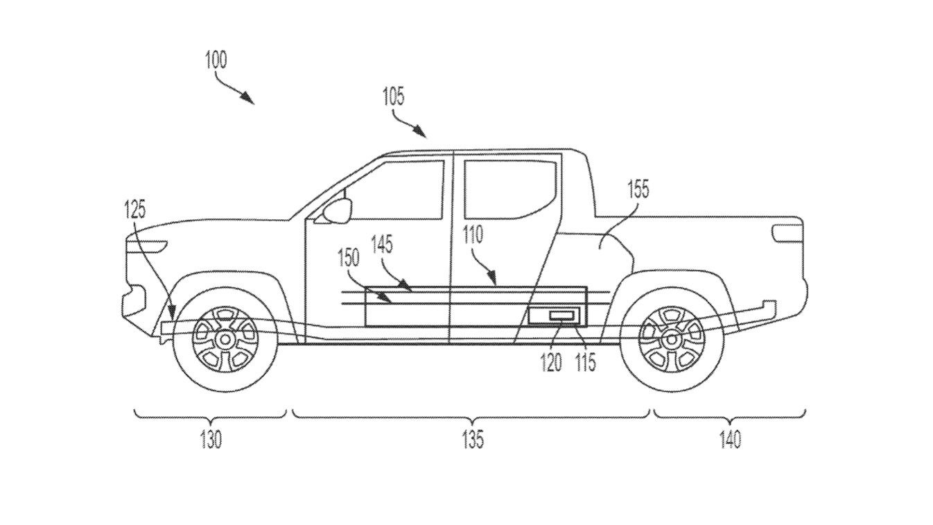 Patent image of a Rivian camp kitchen with grill