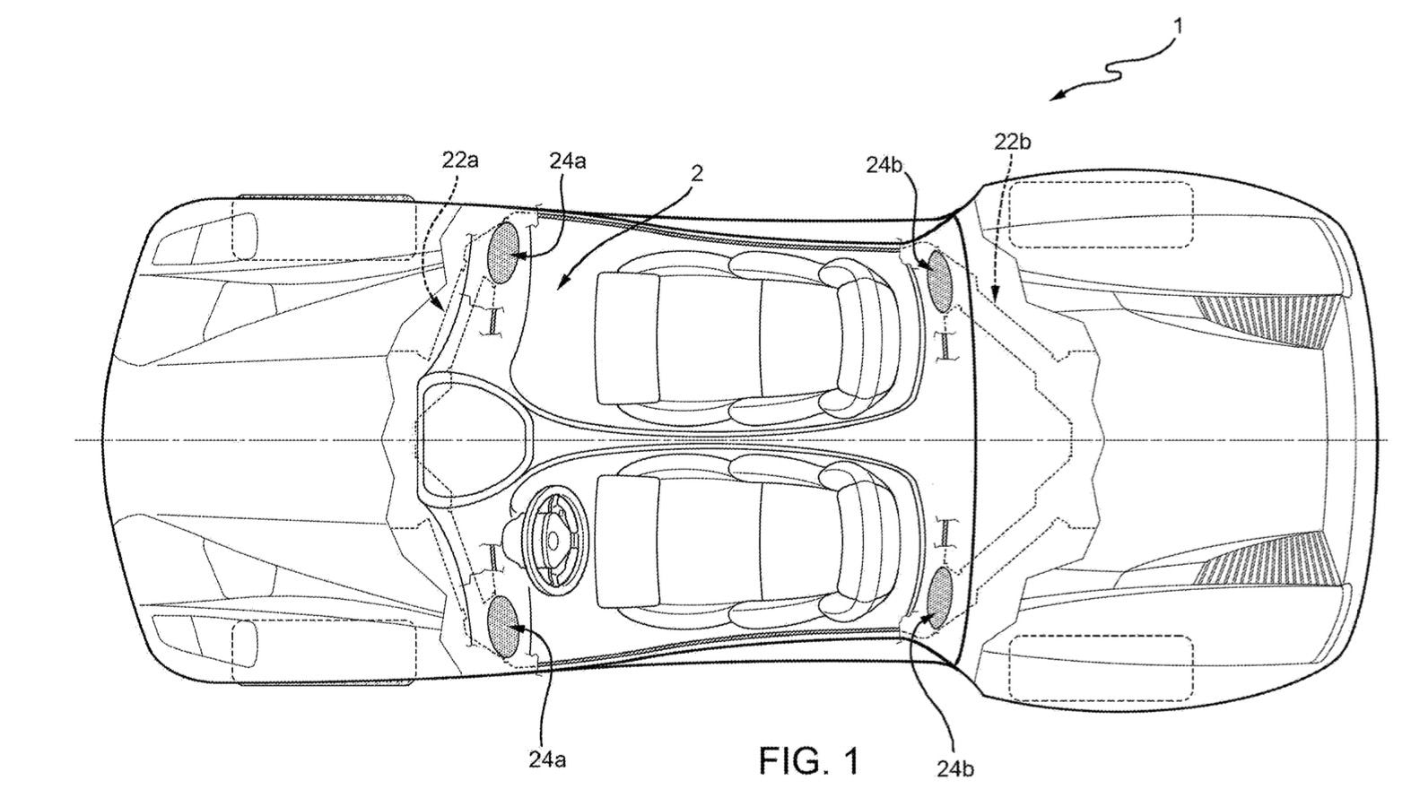 Patent image for Ferrari tri-motor EV with sound generators