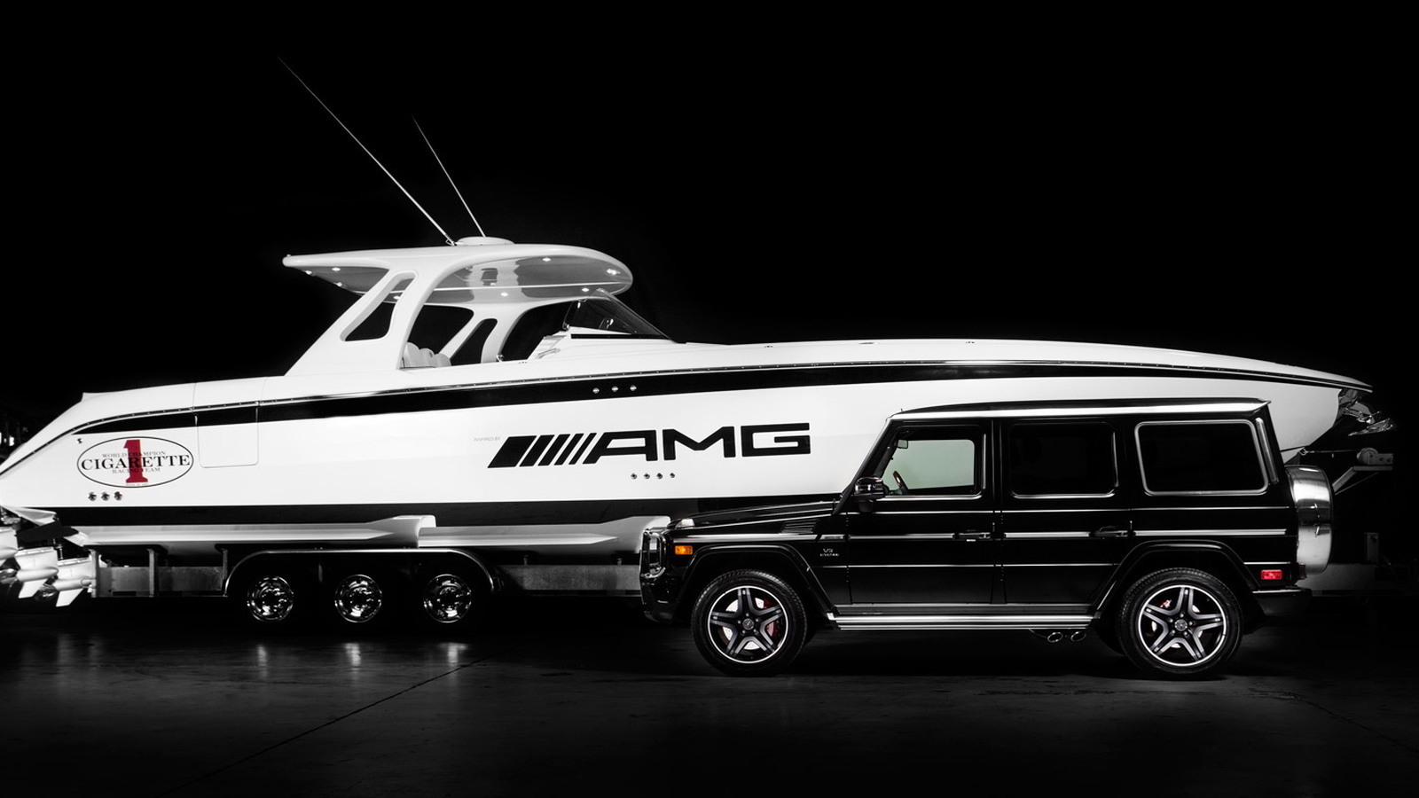 Cigarette Racing Huntress is a 42-foot boat whose design is inspired by the Mercedes-Benz G63 AMG