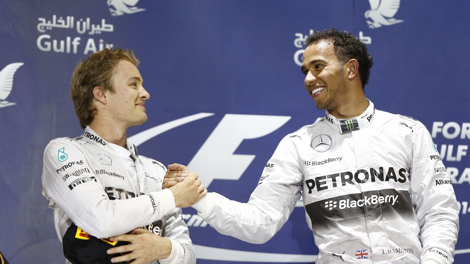 Nico Rosberg and Lewis Hamilton at the 2014 Formula One Bahrain Grand Prix